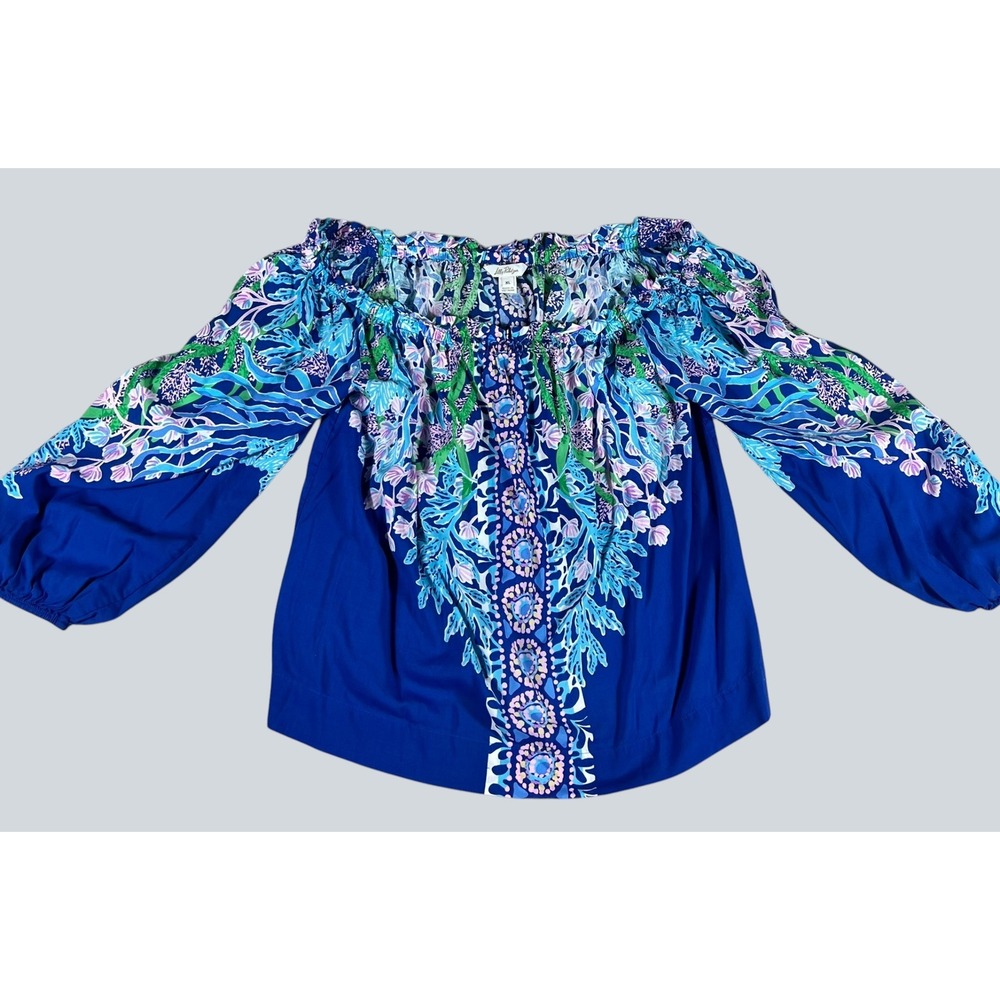 Lilly Pulitzer Womens Blue Floral Off The Shoulder Blouson Sleeve Blouse XL - Picture 2 of 12